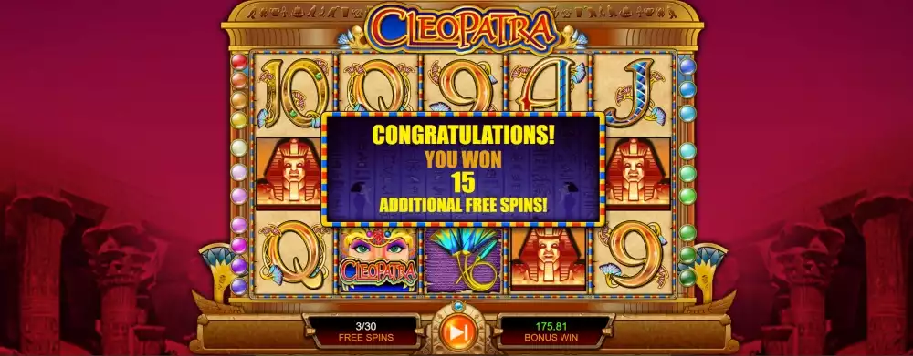 Cleopatra Free Spins Bonus Round - 15 free spins with 3x multiplier activated